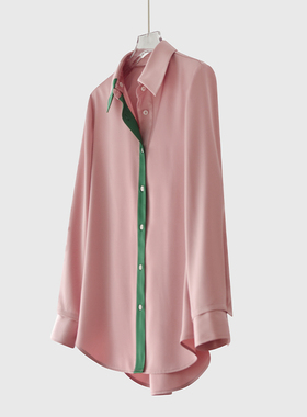 伊顿粉撞绿两穿重磅100%真丝桑蚕衬衫女长袖高级感缎面高端法式