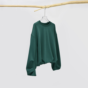 显瘦慵懒风绿色上衣春 宽松圆领女长袖 miu系卫衣软糯 亲肤花苞短款