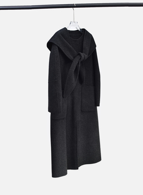 极简风连帽羊绒羊毛呢大衣女中长款宽松系带围巾外套秋冬减龄深灰