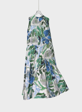 100%真丝桑蚕丝油画风无袖印花背心连衣裙女度假风