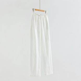 女夏松紧高腰慵懒休闲长裤 老钱风100%亚麻阔腿裤 白色C 立减50 新品
