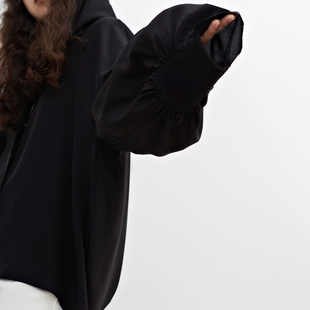 外套黑 上衣龟背开衫 连帽高智感100%真丝桑蚕丝拼接衬衫 女春夏长袖