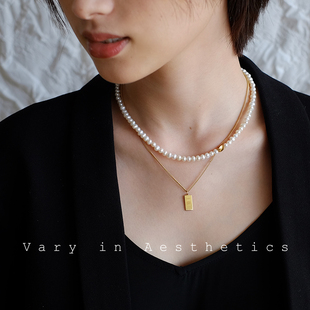 VIA双层叠戴天然淡水珍珠项链硬币金币复古时尚 气质ins锁骨链女 款