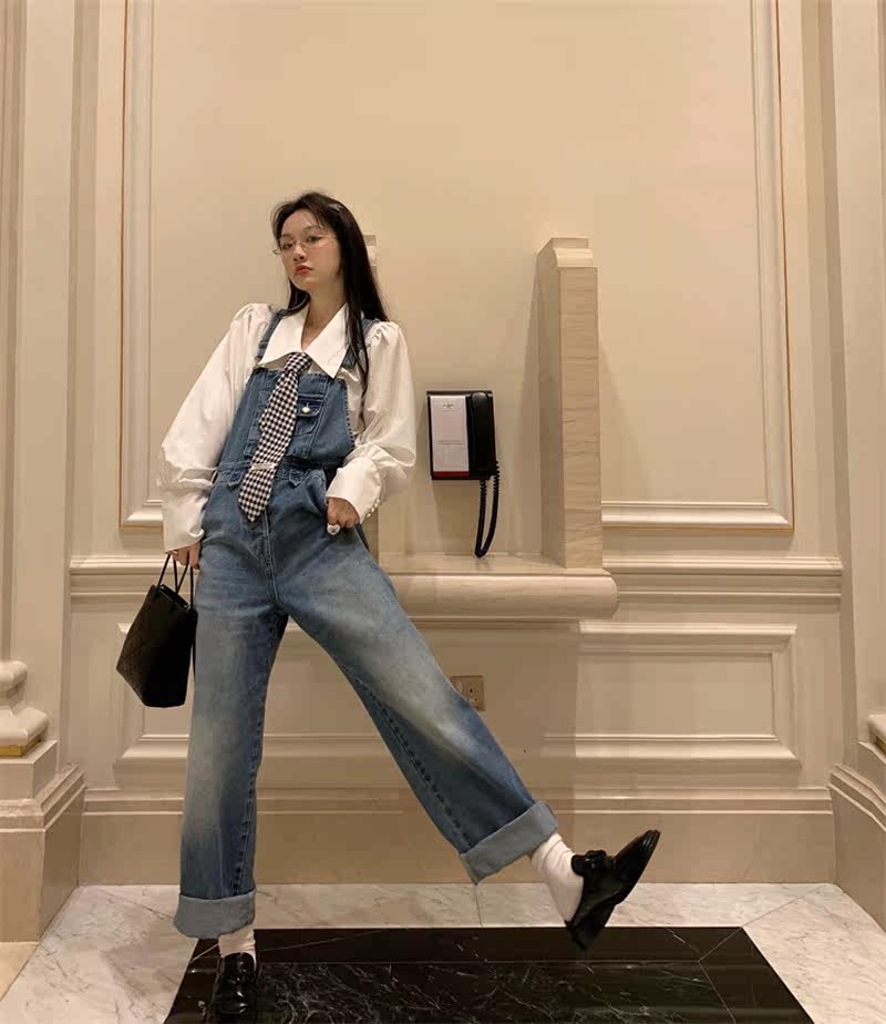 小个子背带牛仔裤女2023春季新款灵光口袋渐变水洗时髦牛仔吊带裤