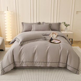 A类简约纯色刺绣床上四件套全棉纯棉床笠双人被套220x240宾馆酒店