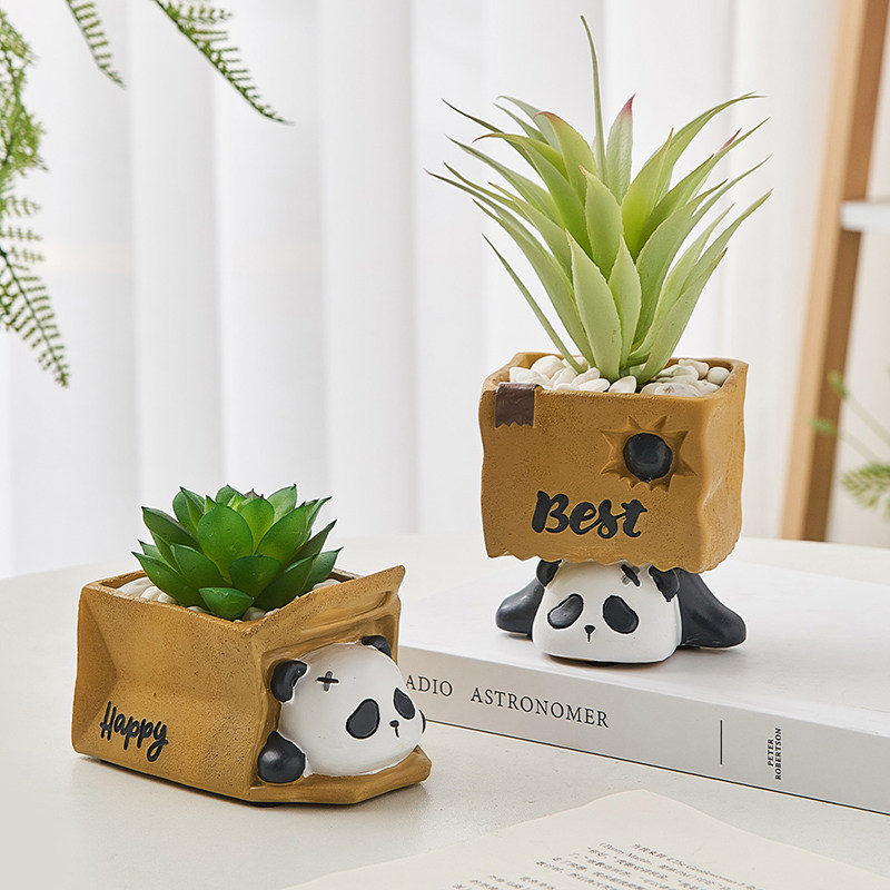 创意卡通小动物熊猫多肉花盆花园阳台仿真盆栽办公室桌面装饰摆件