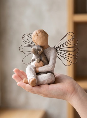 手工木雕天使小熊治愈系摆件