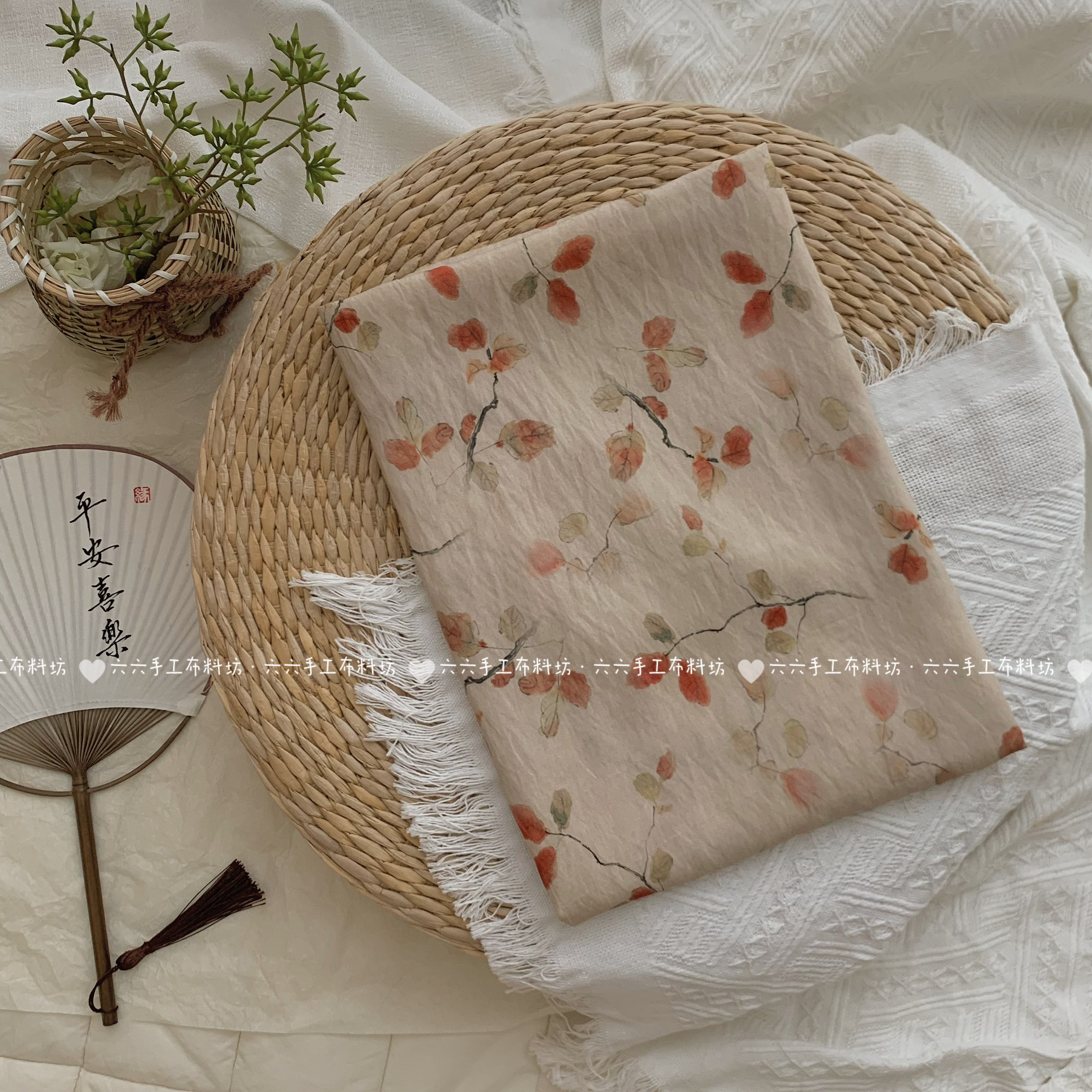 天丝麻印花面料红叶飞舞新中式复古风国风碎花连衣裙女装旗袍布料图片