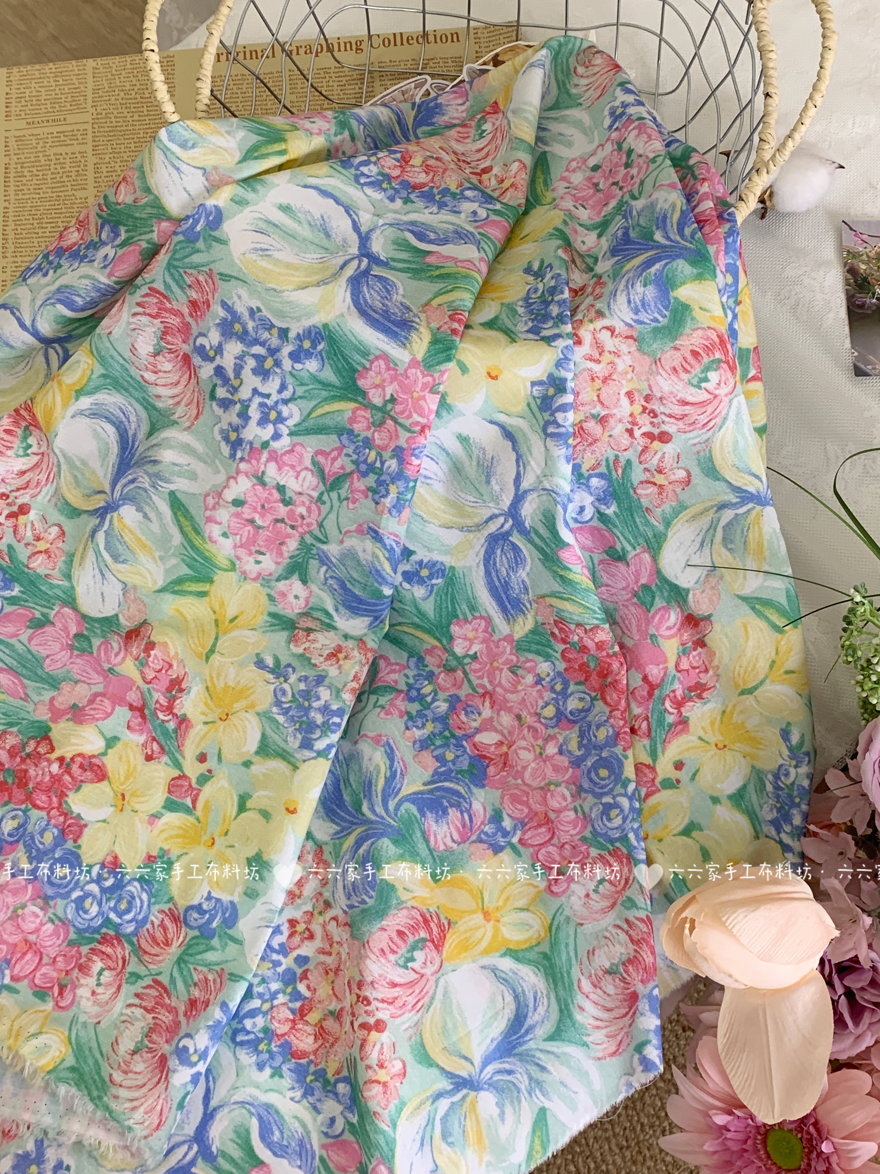 全棉60支印花面料油画彩色碎花连衣裙女装发饰家居服手工diy布料图片