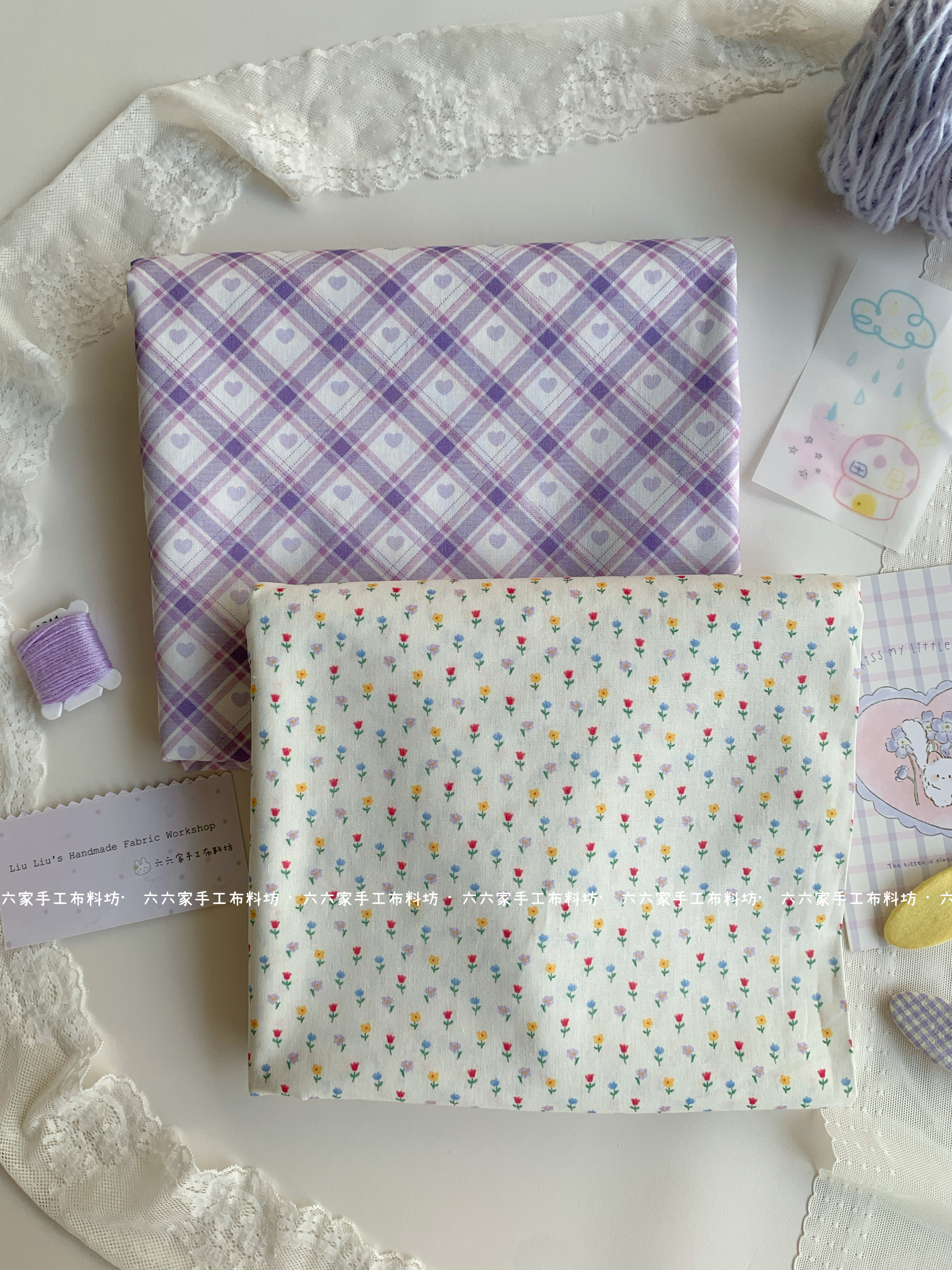 全棉40支印花布ins紫色系格子爱心小碎花服装发饰包包发圈diy布料,居家布艺,海绵垫/布料/面料/手工diy,淘宝优惠券,粉丝福利购,淘宝优惠卷