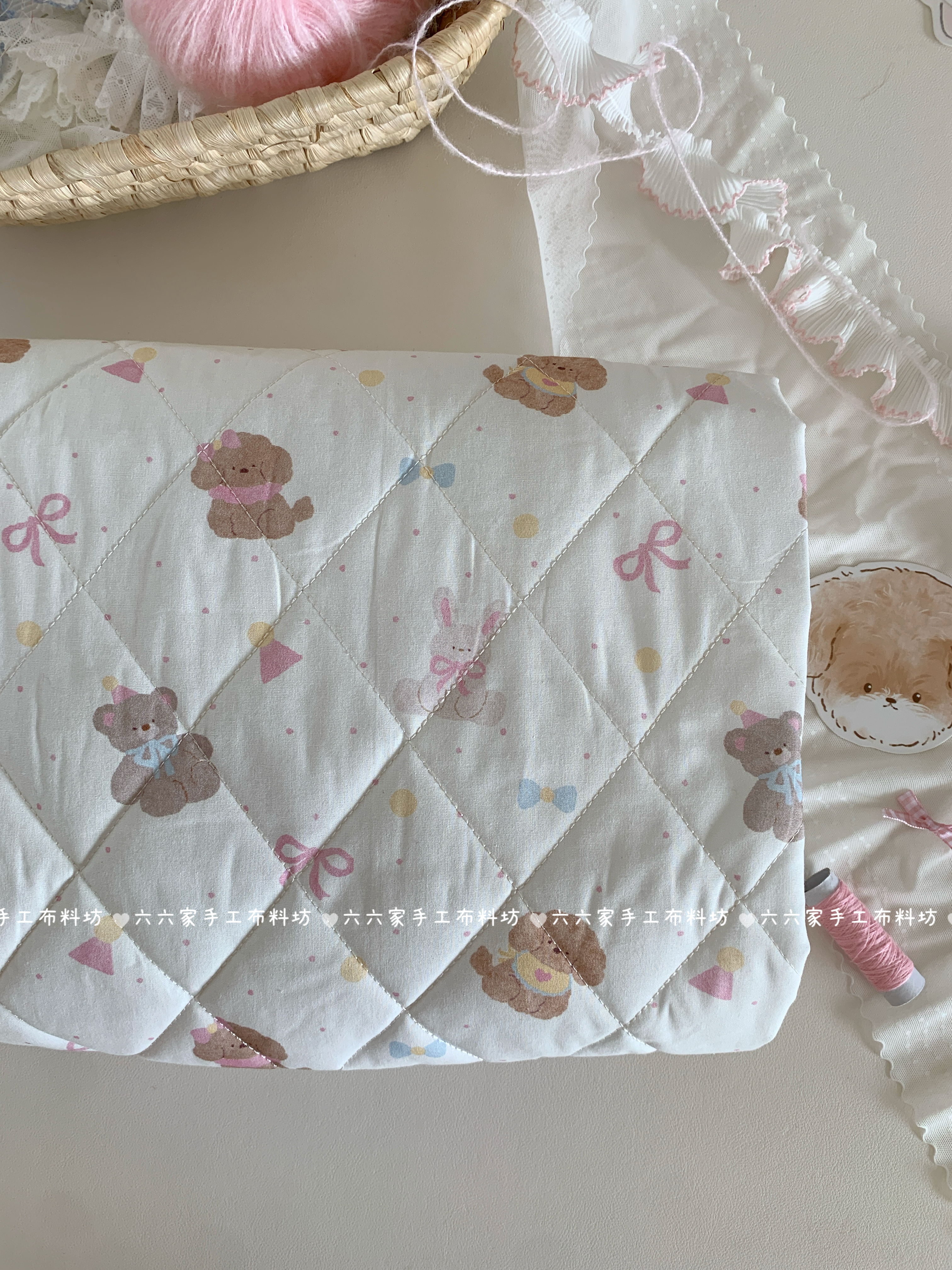 全棉菱格绗棉印花布料可爱卡通狗狗小熊发饰服装包包手工diy面料