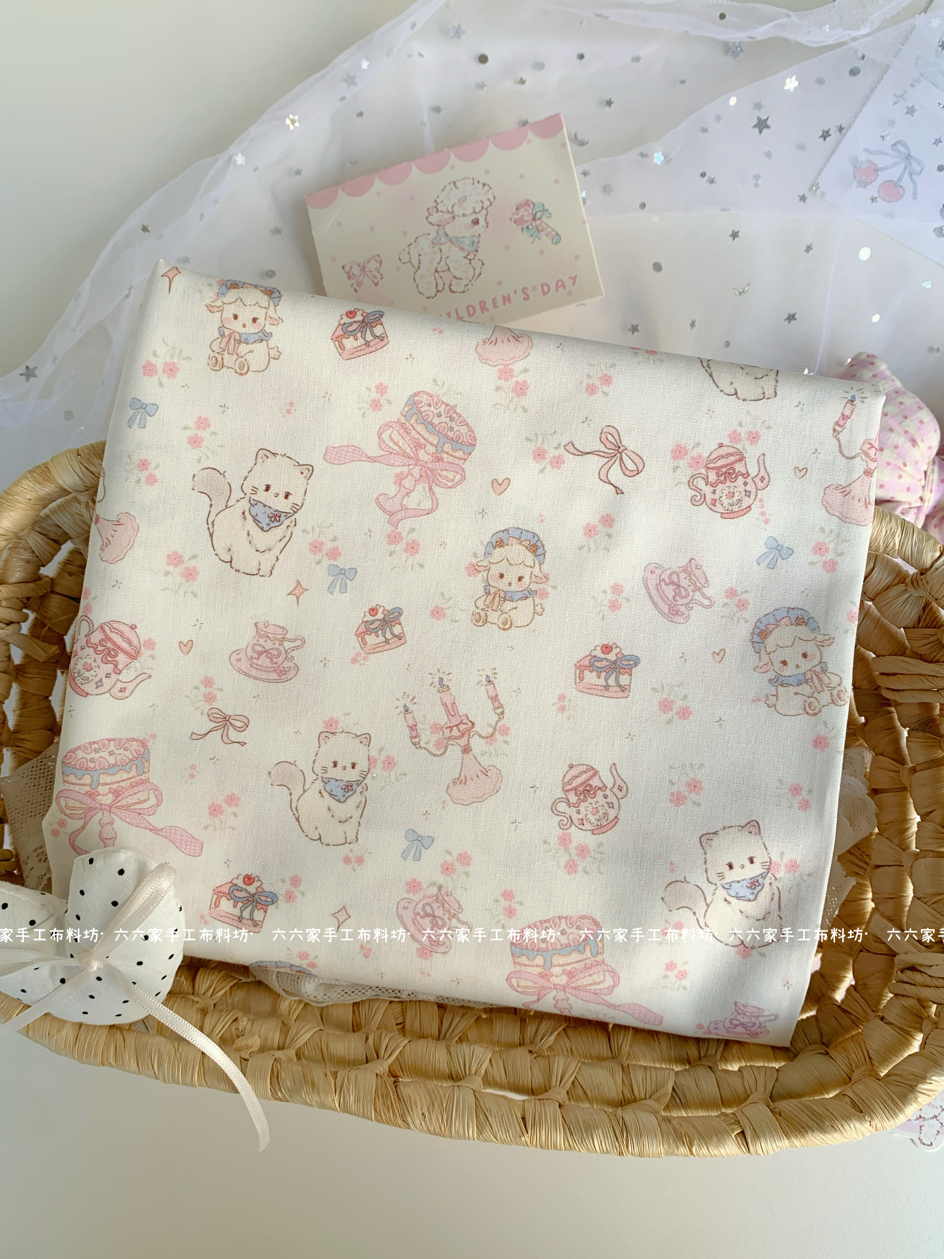全棉40支印花布料ins可爱下午茶小羊猫咪服装发饰包包发圈手工diy