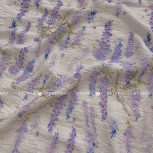 天丝麻印花面料新中式复古风国风紫藤花连衣裙女装旗袍布料