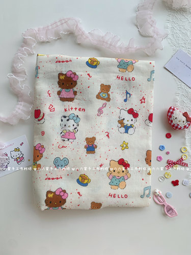全棉双层纱面料可爱卡通kt猫猫家居服发饰睡衣发圈手工diy布料