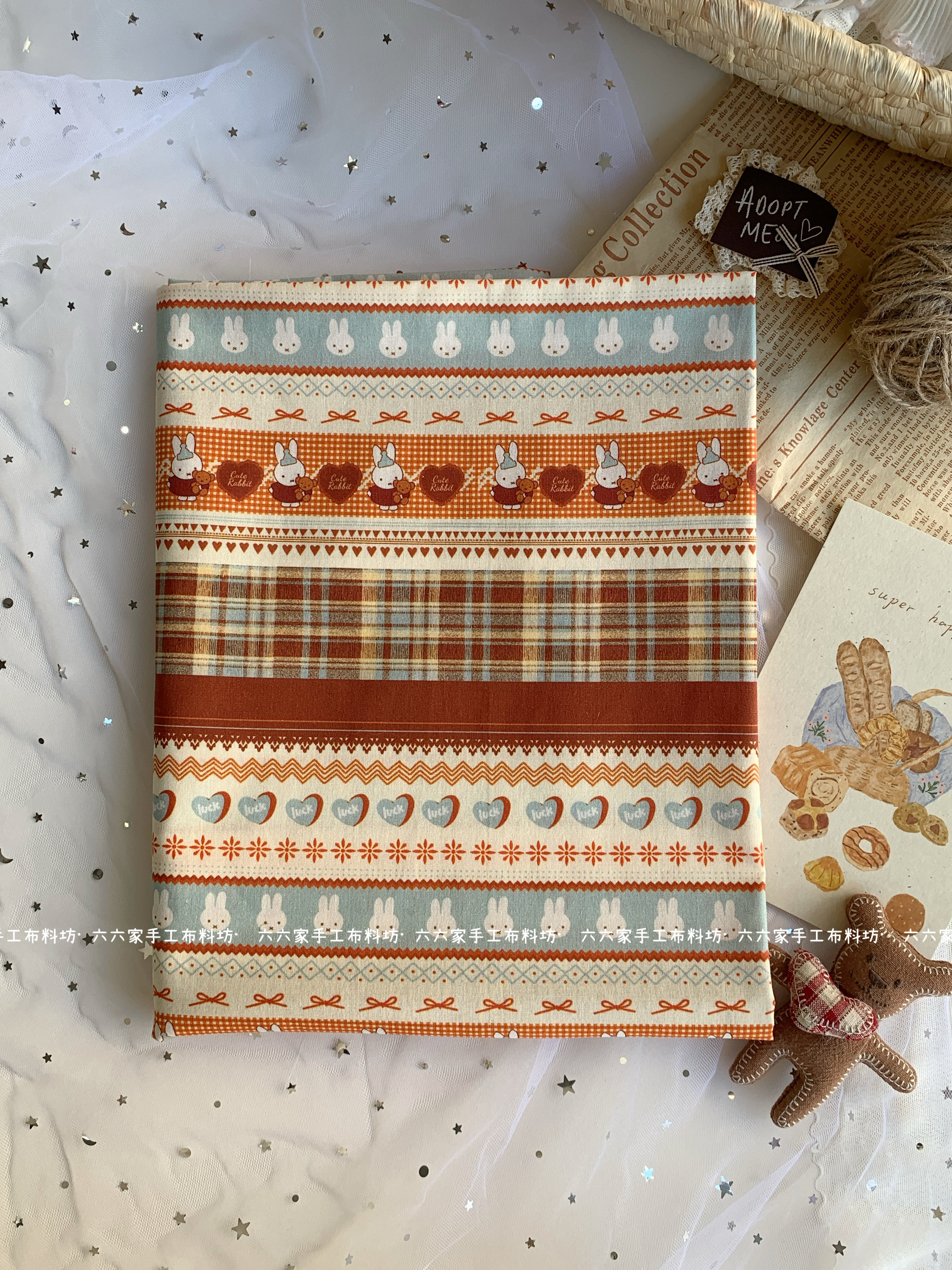全棉40支印花布料可爱复古拼布焦糖小兔服装发饰包包发圈手工diy
