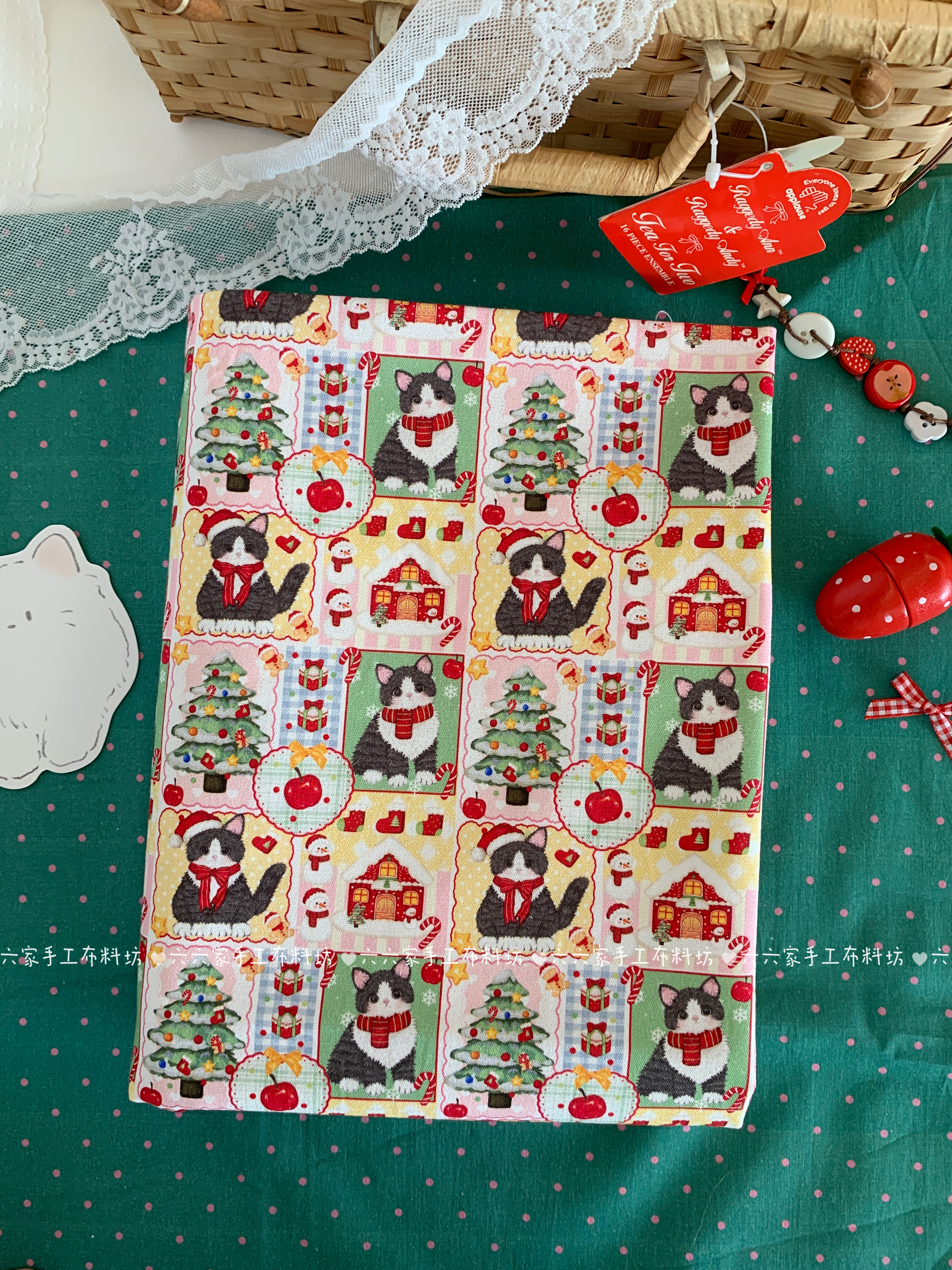 全棉可爱卡通八安帆布印花布料圣诞猫咪杯垫围裙包包手工diy面料