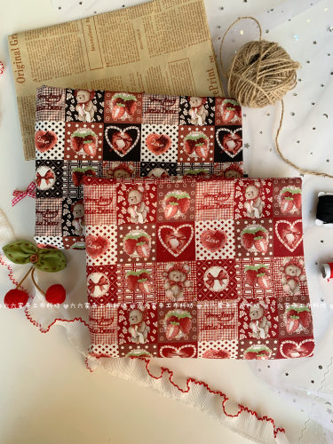 全棉40支印花布复古格纹lolita草莓小熊服装发饰包包发圈diy布料