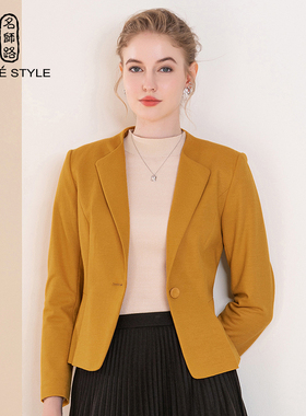 名师路羊羔毛西装外套女冬季新款长袖ol职业修身通勤一粒扣黄色