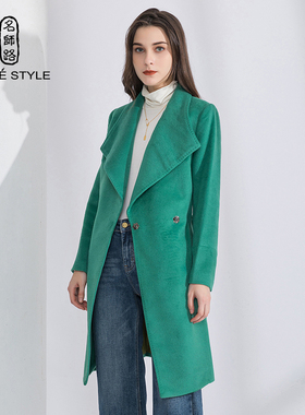 名师路品牌女装冬季新款绿色中长款修身大翻领毛呢外套