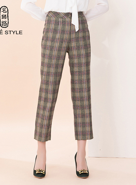 名师路英伦裤子女秋冬新款绿色格子西装裤羊毛铅笔休闲九分裤通勤