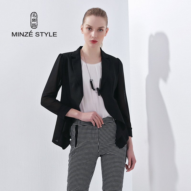 名师路休闲小西装女夏装新款通勤百搭显瘦外套拼接网纱薄上衣