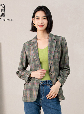 名师路绿色条纹羊毛西装外套女冬季新款中长款九分袖一粒扣