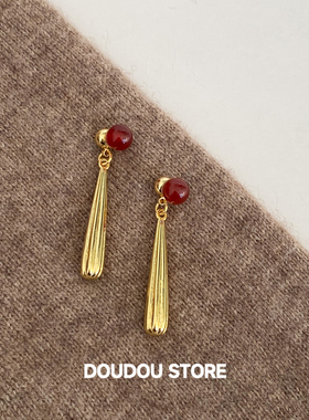 DOUDOUSTORE 925银针复古新年限定红色水滴红玛瑙耳环女金色轻奢