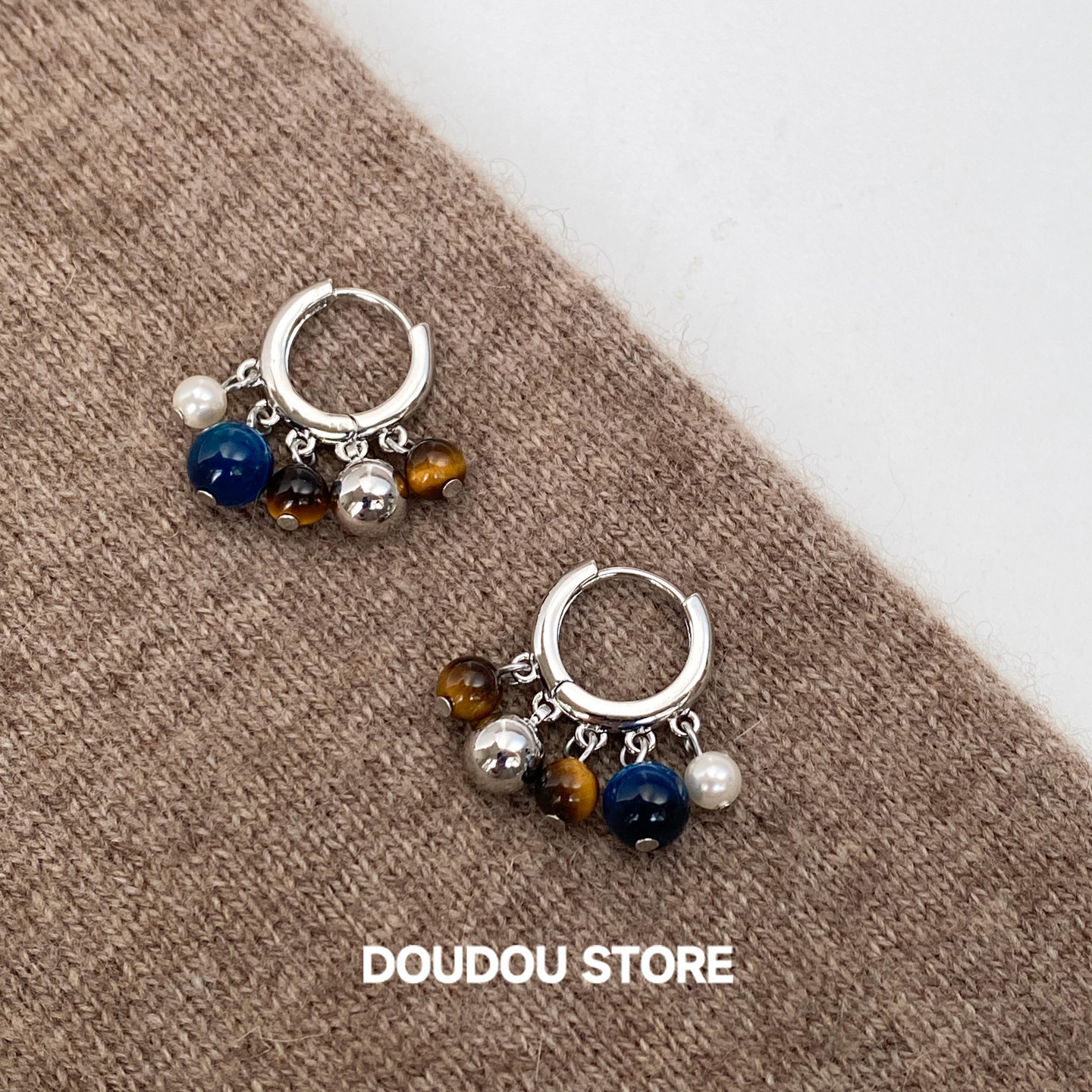 DOUDOUSTORE新中式蓝棕秋冬撞色天然石耳环女串珠设计感耳饰配饰,饰品/流行首饰/时尚饰品新,耳环,淘宝优惠券,粉丝福利购,淘宝优惠卷