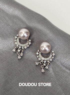 DOUDOUSTORE 925银针宫廷风满钻蕾丝花边粉色珍珠耳环女优雅吊坠