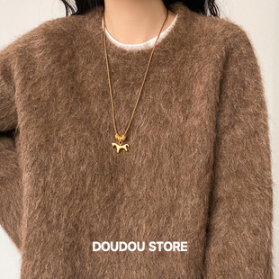 DOUDOUSTORE沙金小马毛衣链项链女金色吊坠中式复古金属简约百搭