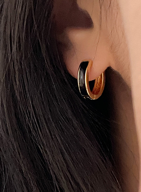 DOUDOUSTORE黑金经典配色珐琅耳扣小耳圈优雅气质小巧圆环耳环女