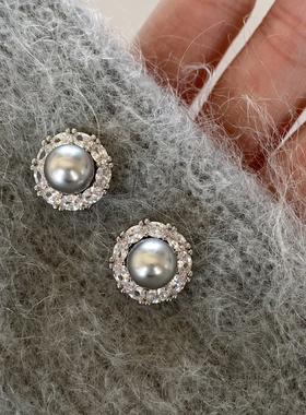 DOUDOUSTORE 925银针清冷灰色珍珠耳钉高质感大气女优雅耳环日韩