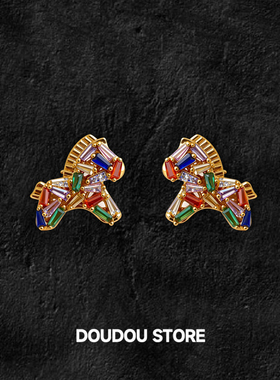 DOUDOUSTORE 925银针马上有钱七彩小马耳环女马年新款新年彩色