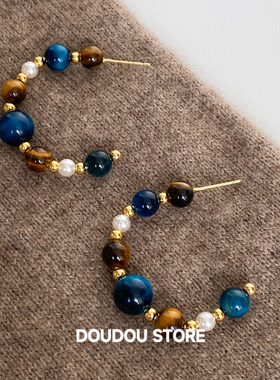 DOUDOUSTORE925银针撞色天然石新中式串珠c形耳环女国潮风复古风