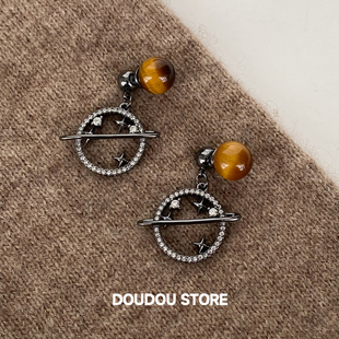 土星天然虎眼石耳环耳钉设计感女甜酷 DOUDOUSTORE黑色个性