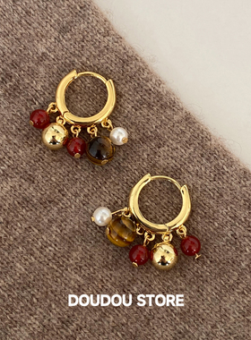 DOUDOUSTORE 天然石手工秋冬新年红色串珠虎眼石耳扣耳环女气质