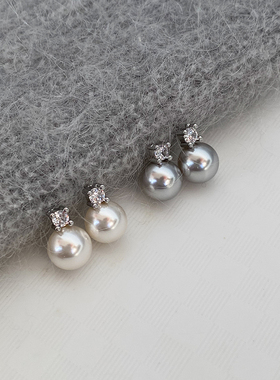 DOUDOUSTORE925银针小版戴妃款精致锆石珍珠耳钉日常通勤耳环耳饰