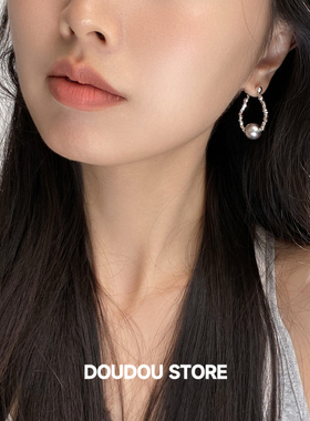 DOUDOUSTORE925银针清冷灰色珍珠碎银子耳环女百搭气质精致小众韩
