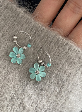 DOUDOUSTORE薄荷与花彩色花朵耳圈夏天休闲日常耳扣耳环饰品日韩