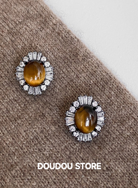 DOUDOUSTORE 天然虎眼石黑色个性设计感贵气精致耳环女ins