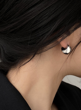 DOUDOUSTORE925银针小版银色气泡光面耳钉日常百搭气质耳环耳饰