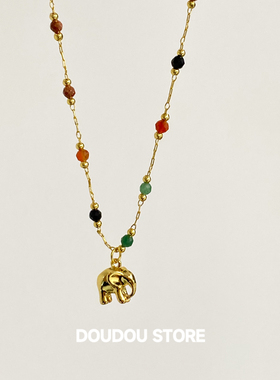 DOUDOUSTORE天然石度假感小象彩色串珠项链女彩色串珠吊坠时尚