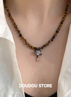 【新品88折】保色黑色咖色虎眼石潮酷土星项链女