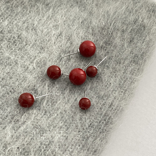DOUDOUSTORE925银针新年酒红色圆球耳钉复古港风高级豆豆耳环耳饰