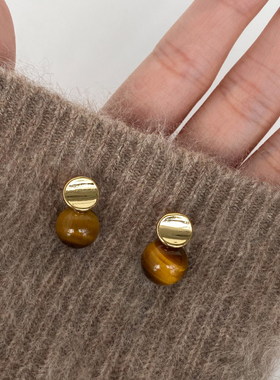 DOUDOUSTORE925银针美拉德虎眼石复古秋冬耳环女时髦气质百搭耳钉