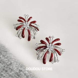 潮流设计女 时尚 DOUDOUSTORE 925银针红色烟花高级感时髦气质韩式