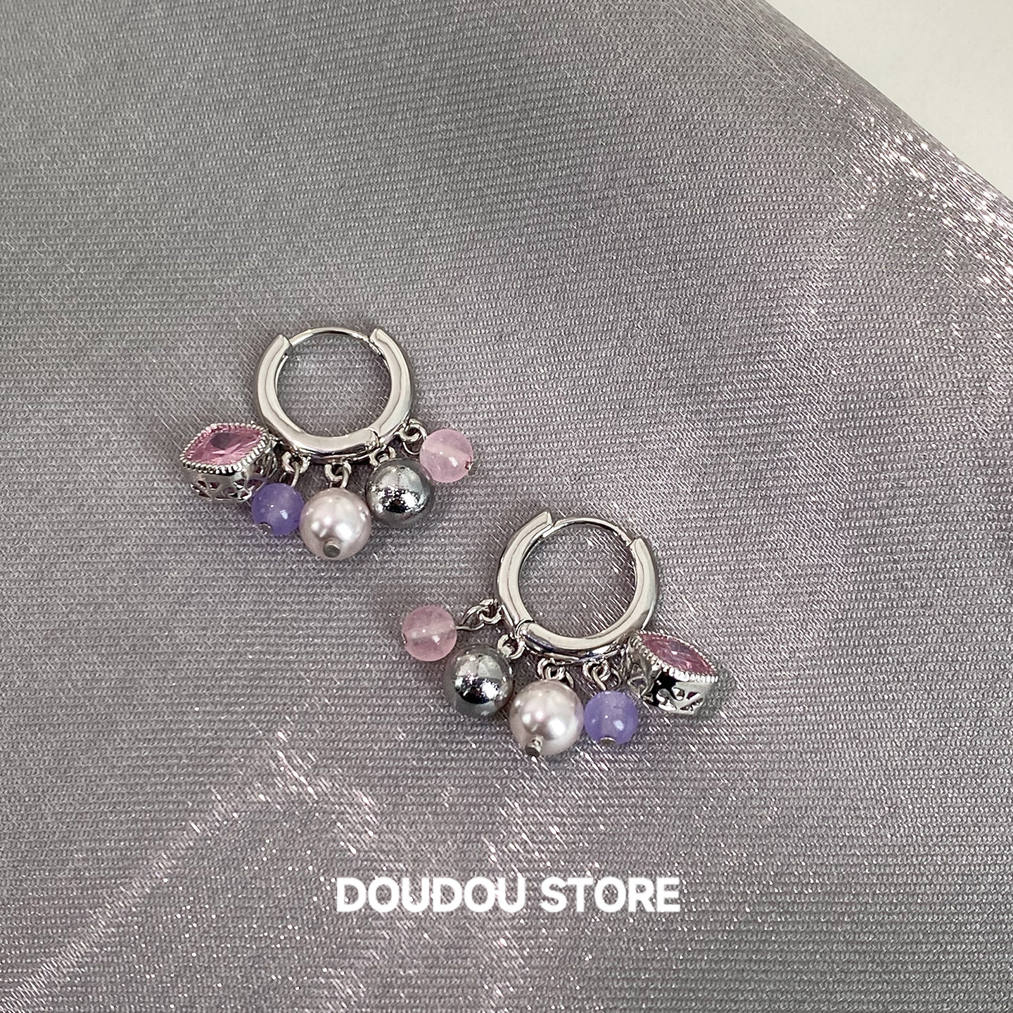 DOUDOUSTORE 春夏彩色串珠天然石耳环女时尚潮流甜美设计感个性