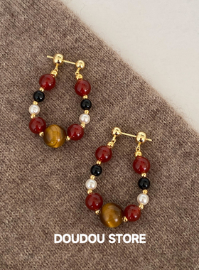 DOUDOUSTORE 925银针手工新年红色撞色天然石红玛瑙串珠耳环女