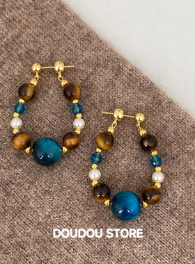 DOUDOUSTORE 925银针天然虎眼石撞色天然石串珠耳环女新中式复古