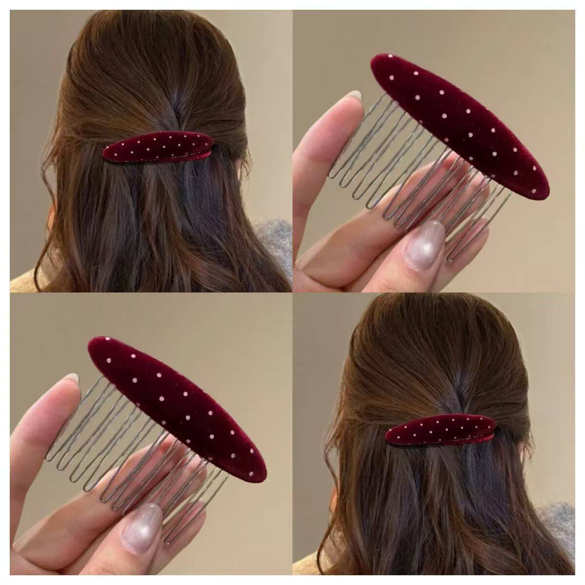 红色发梳边发夹波点发卡插梳女碎发夹刘海夹丝绒发卡发夹金属夹子,饰品/流行首饰/时尚饰品新,发饰,淘宝优惠券,粉丝福利购,淘宝优惠卷